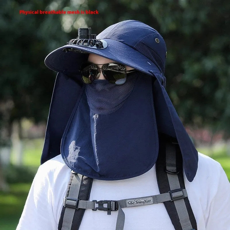 Men's navy blue sun protection hat with USB rechargeable fan and face covering shawl for fishing and outdoor activities