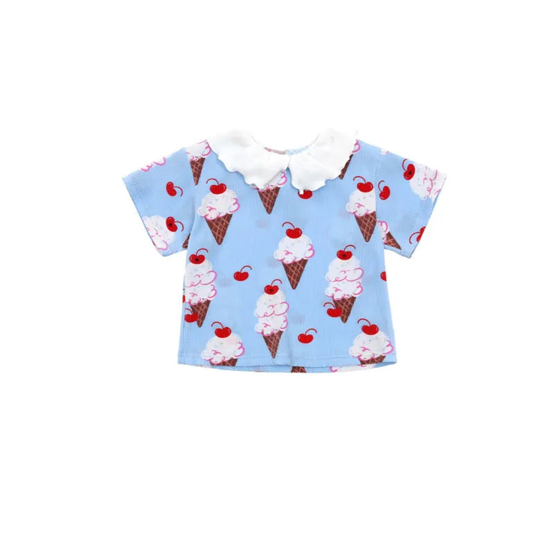 Children's Ice Cream pleated T-shirt shorts Korean set in BE Blue Suit, two-piece summer outfit on white background