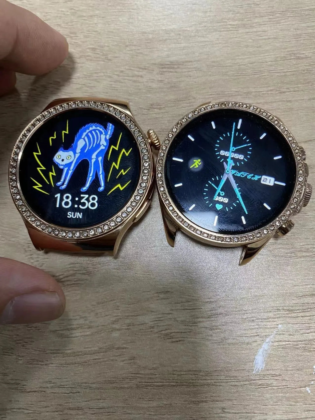 Silver wireless smart sports watch with touch screen showing health monitoring icons