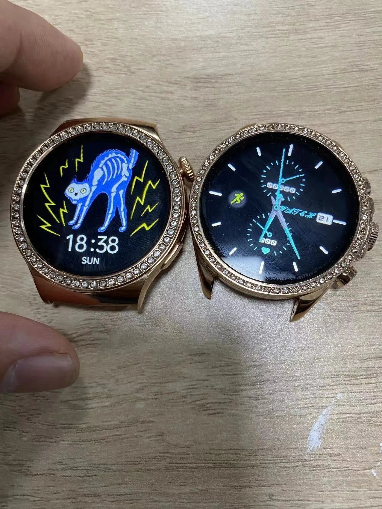 Silver wireless smart sports watch with touch screen showing health monitoring icons
