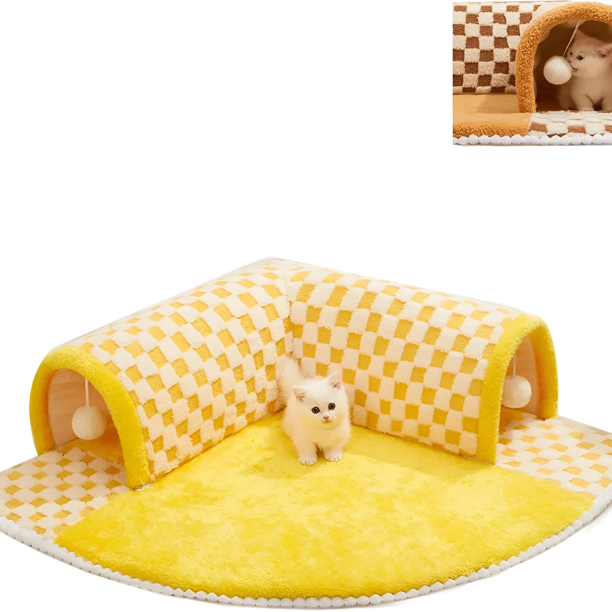 Brown plaid cat tunnel bed with central mat showing collapsible tunnel design