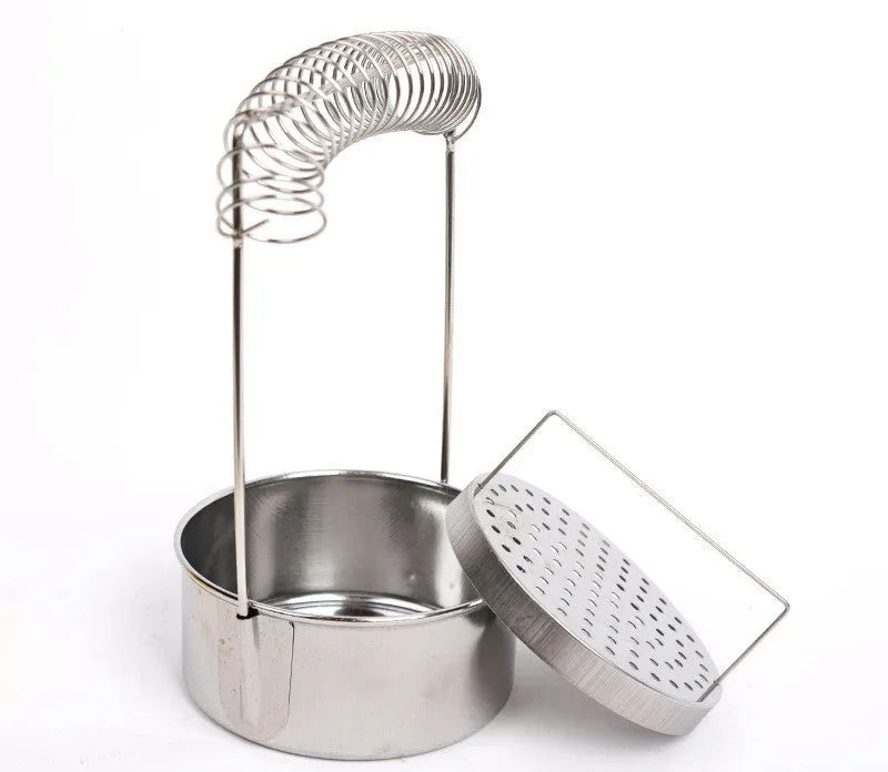 Silver stainless steel oil painting pen washer with spring clamp and removable drainage plugs.