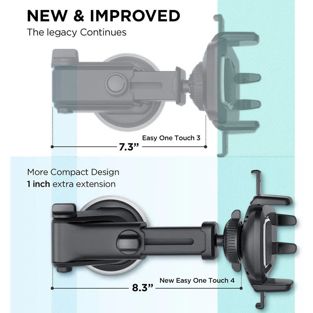 Black retractable suction cup car phone holder mounted on car dashboard
