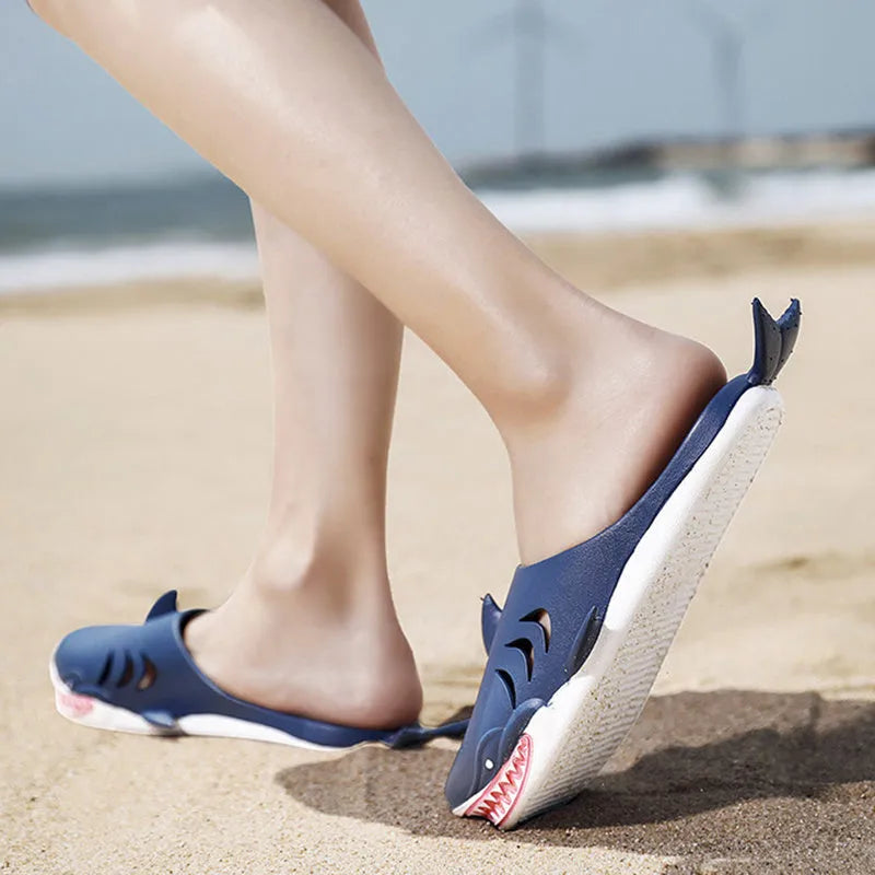 Shark slippers PVC flat slippers for women and men closed-toe design available in black blue green grey