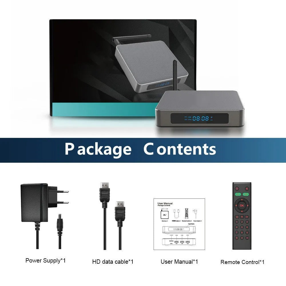 Android TV box with 8K resolution output, RK3566 processor, and compact 105x105x20mm design