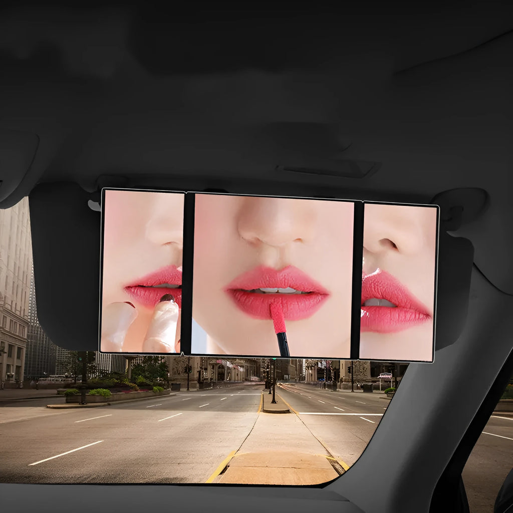 Silver car folding makeup mirror shown closed at 15.5cm and opened to 30.5cm wide.