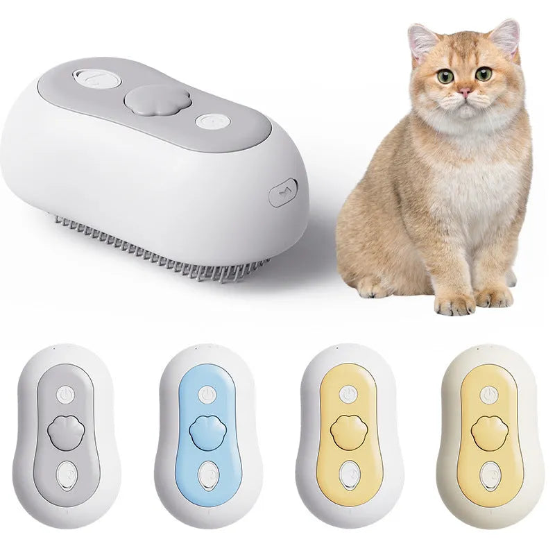 Battery-powered cat grooming comb with spray nozzle and silicone bristles in beige, blue, grey, or orange.