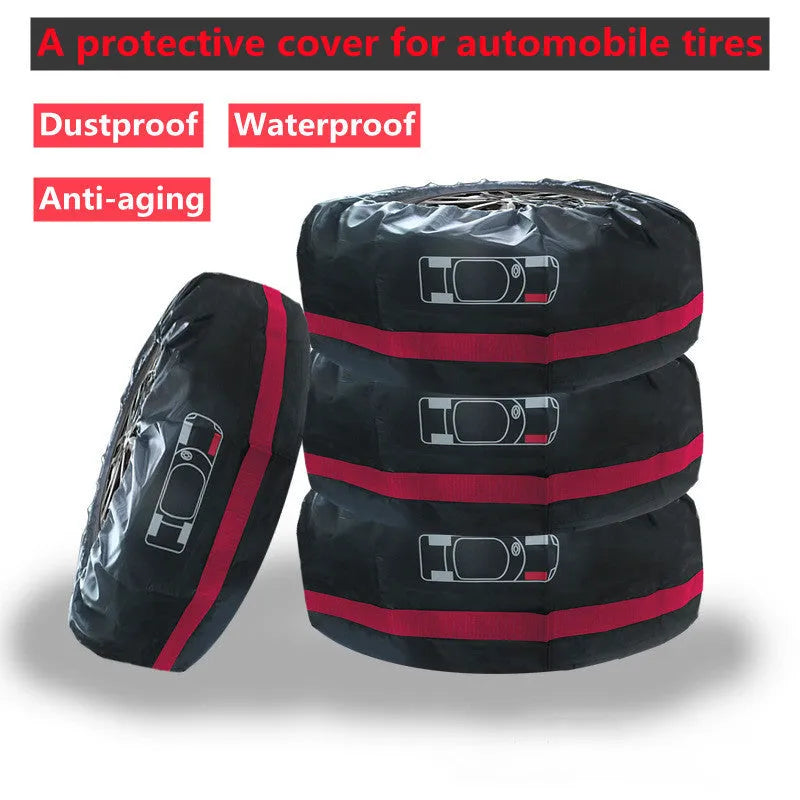 Set of four black polyester car tyre protective covers with a red belt style detail.