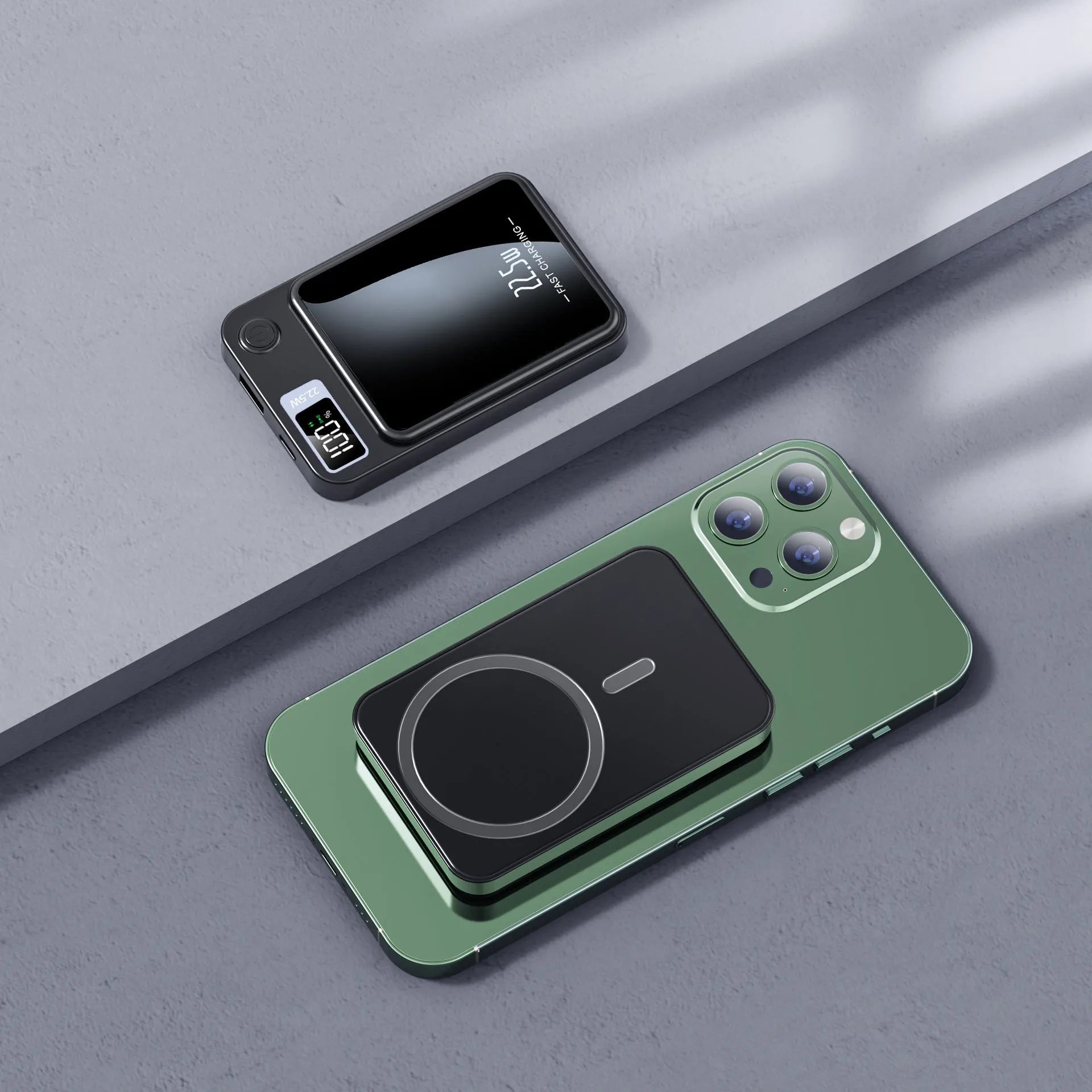 Wireless Magsafe power bank in black, white, purple, or green, showing compact industrial design.