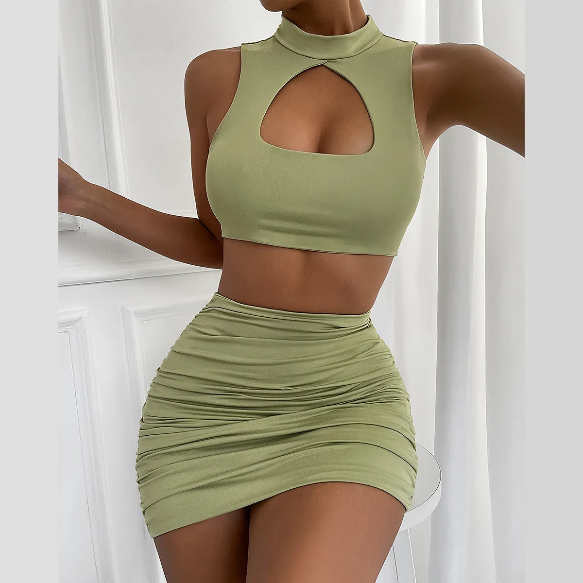 Women's light purple summer vest and skirt set with cutout details and split design