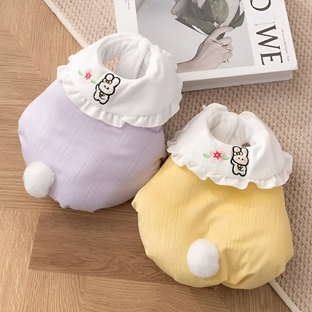 Bunny embroidered cotton-padded pet coat for small dogs and cats in purple or yellow, sizes XS to XL