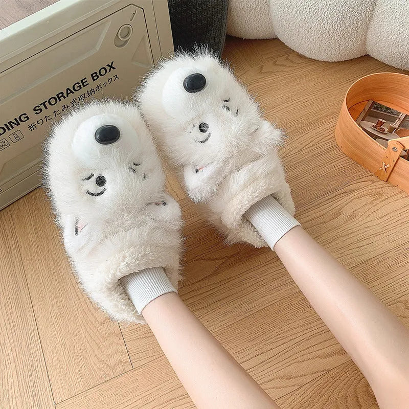Women's ankle wrap cotton slippers in grey with plush upper and non-slip sole