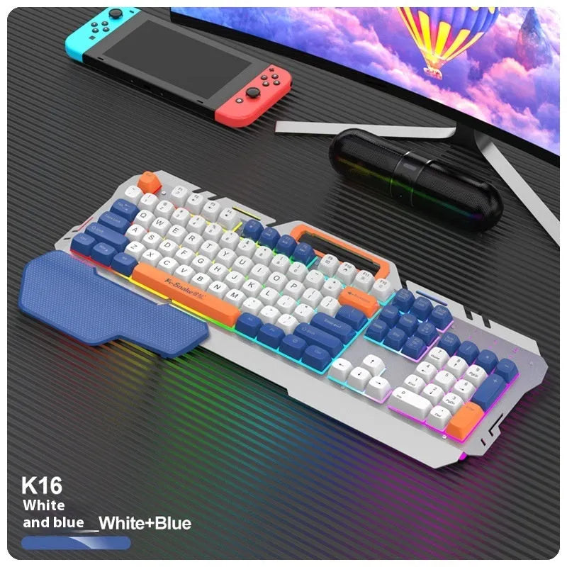 Blue wired gaming keyboard and mouse set with LED backlight on desk