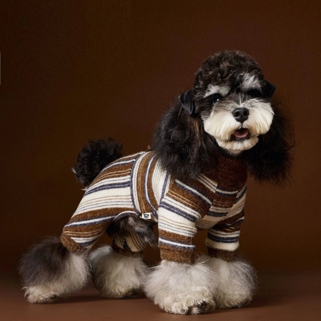 Four-leg striped dog sweater for small breeds in brown or pink, sizes XS to XXL
