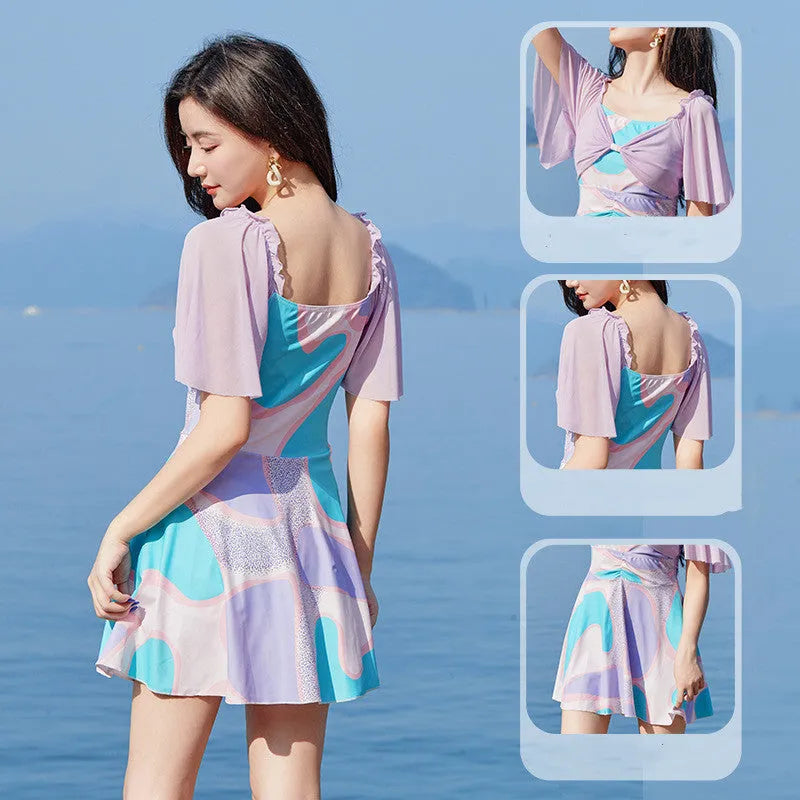 Women's floral high-waist one-piece swimsuit in light purple or light blue pattern