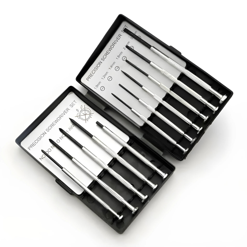 TH-6177 11-piece clock repair screwdriver set with cross and flat head bits on a white background.