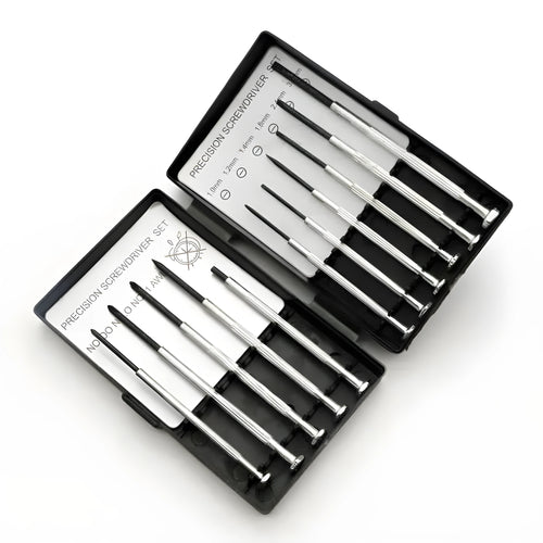 TH-6177 11-piece clock repair screwdriver set with cross and flat head bits on a white background.