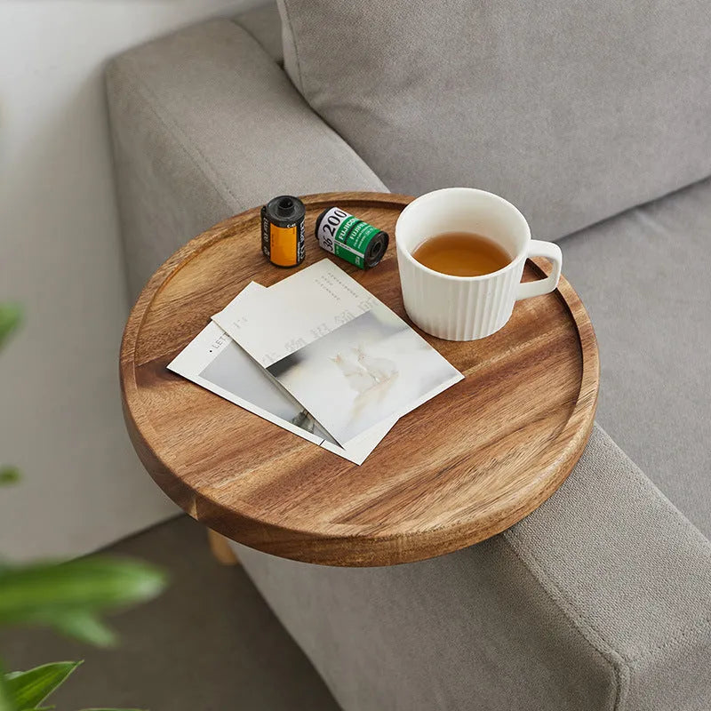 Wooden removable round tea cup tray bracket clipped on a sofa armrest, Acacia Mangium style finish