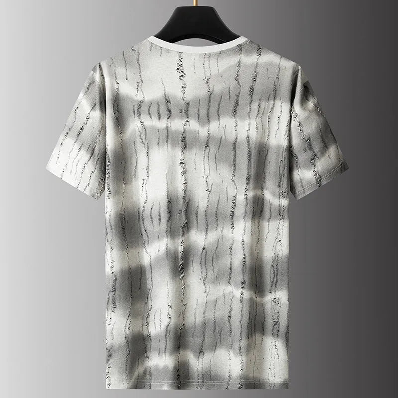 Men's grey plus size loose fit t-shirt on a hanger, showing short sleeves and round neck.
