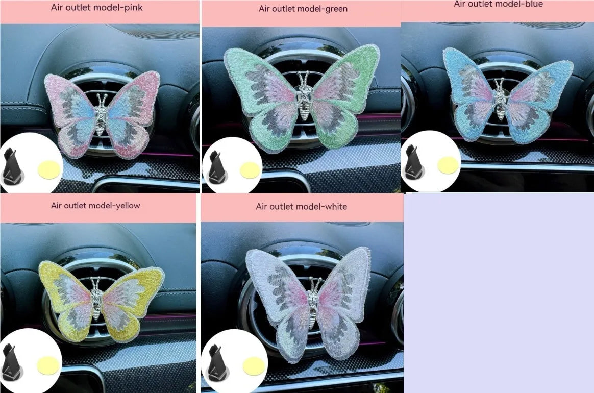 Embroidered butterfly fabric decoration for car air vent or dashboard in multiple colour options