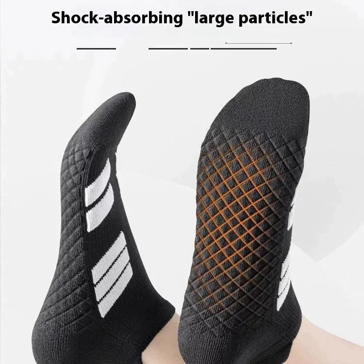 Men's outdoor running basketball socks with towel massage footbed, available in black short and white long lengths, polyester cotton blend