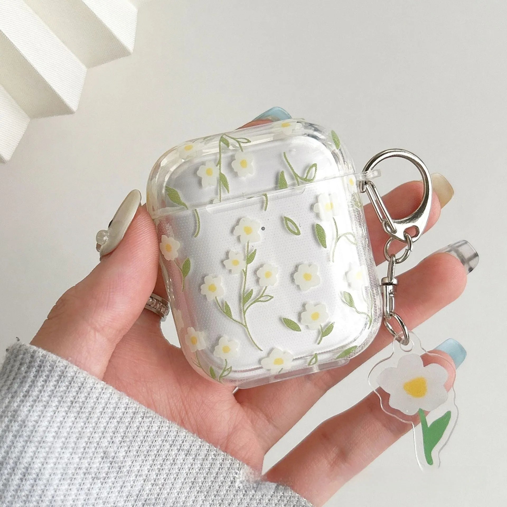White floral pattern transparent TPU soft cover for Apple AirPods charging case.