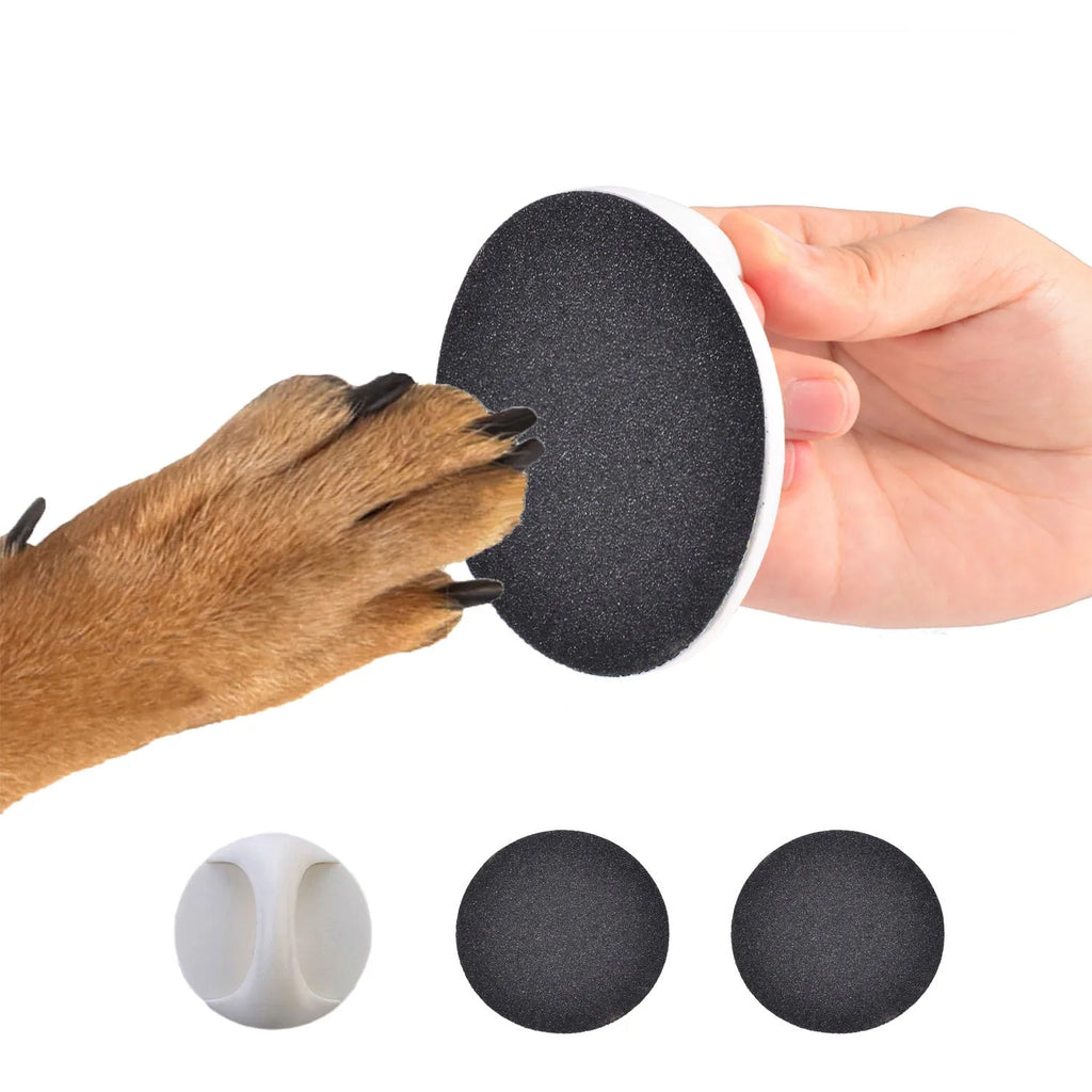 Round dog nail file scratch board with ergonomic handle in one of four colours.