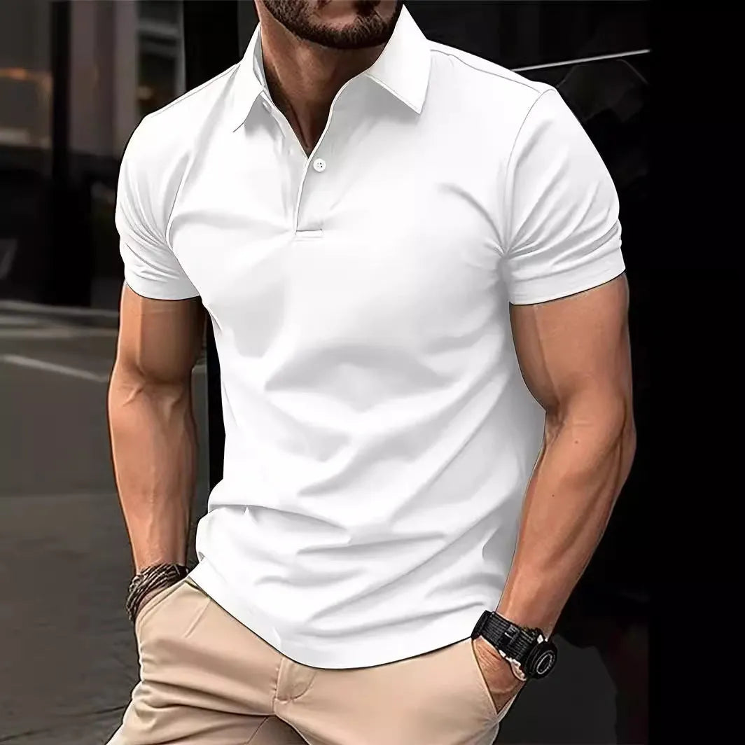 Men's solid colour slim fit short sleeve shirt on a hanger, showing the collar and button placket.