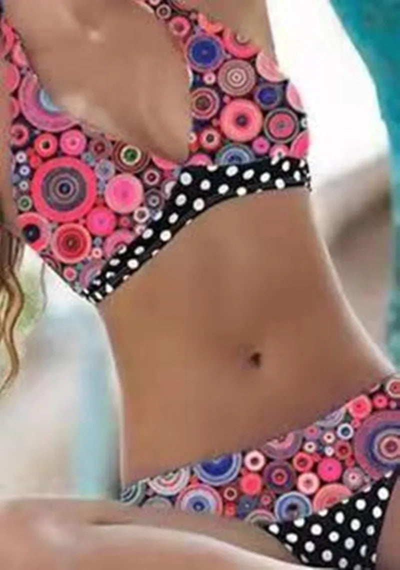 Women's printed high waist split bikini suit in striped pattern, quick-drying polyester spandex