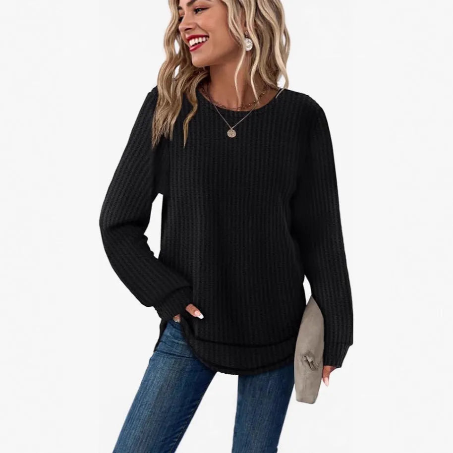 Waffle loose round neck high low curved hem pullover top in solid colour with plaid pattern