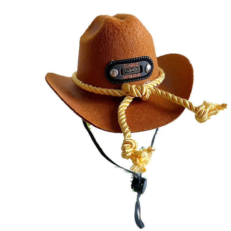 British cat cowboy hat pet costume accessory in multiple colour options with velvet belt, ribbon and rope trim decorations