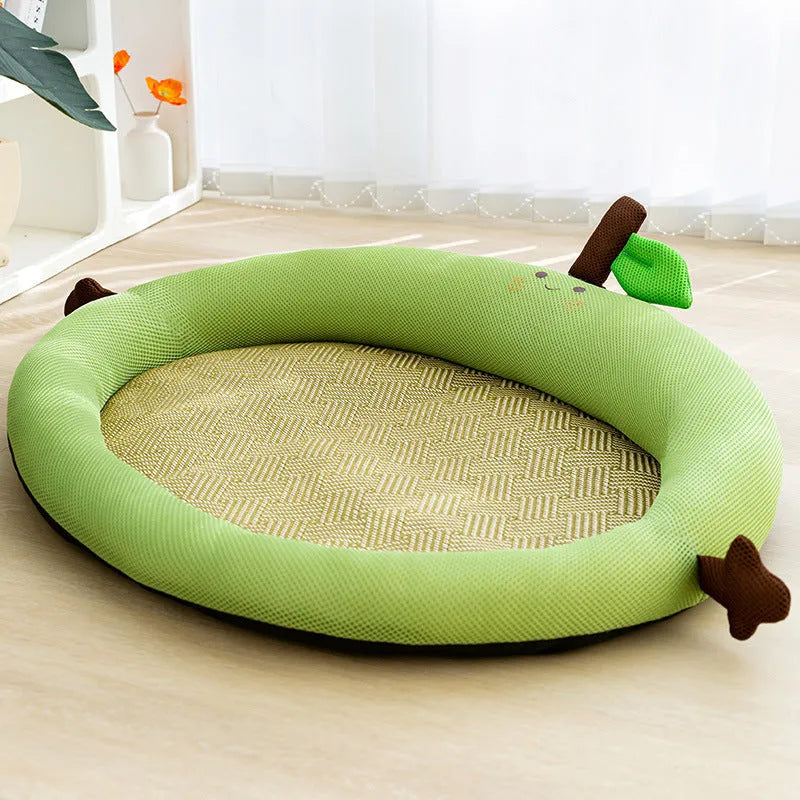 Green fruit backrest dog nest bed on a wooden floor, showing its cotton linen material and size scale.