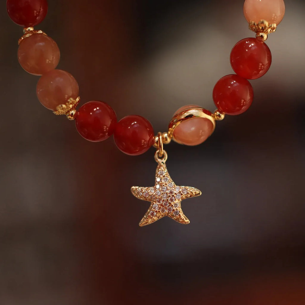 Handmade women's bracelet with red agate and sands orange sunstone 8mm beads in ethnic style