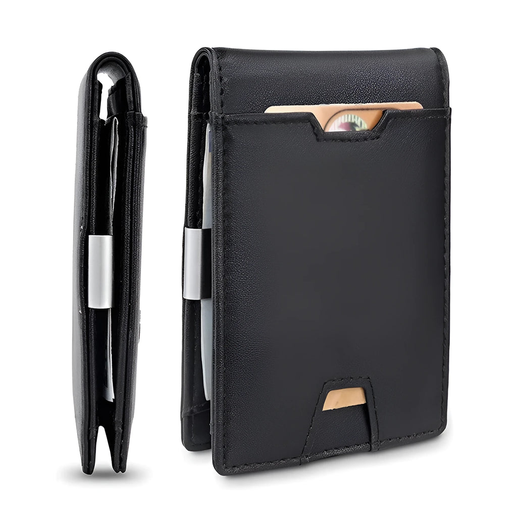 Men's black fibre leather card holder money clip wallet with horizontal square shape and cash clip open