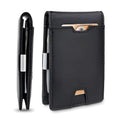 Men's black fibre leather card holder money clip wallet with horizontal square shape and cash clip open