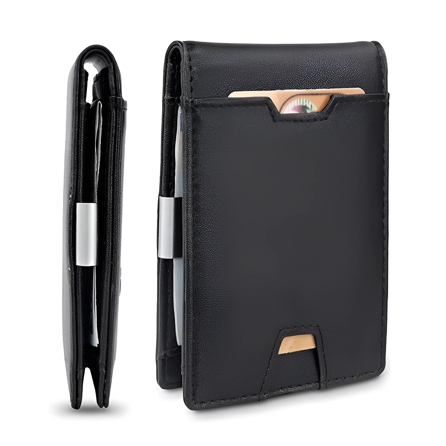 Men's black fibre leather card holder money clip wallet with horizontal square shape and cash clip open