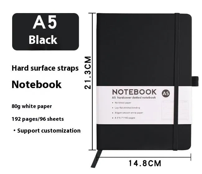 A5 soft touch PU leather strap diary open showing lined pages, closed with elastic band, in a choice of colours.