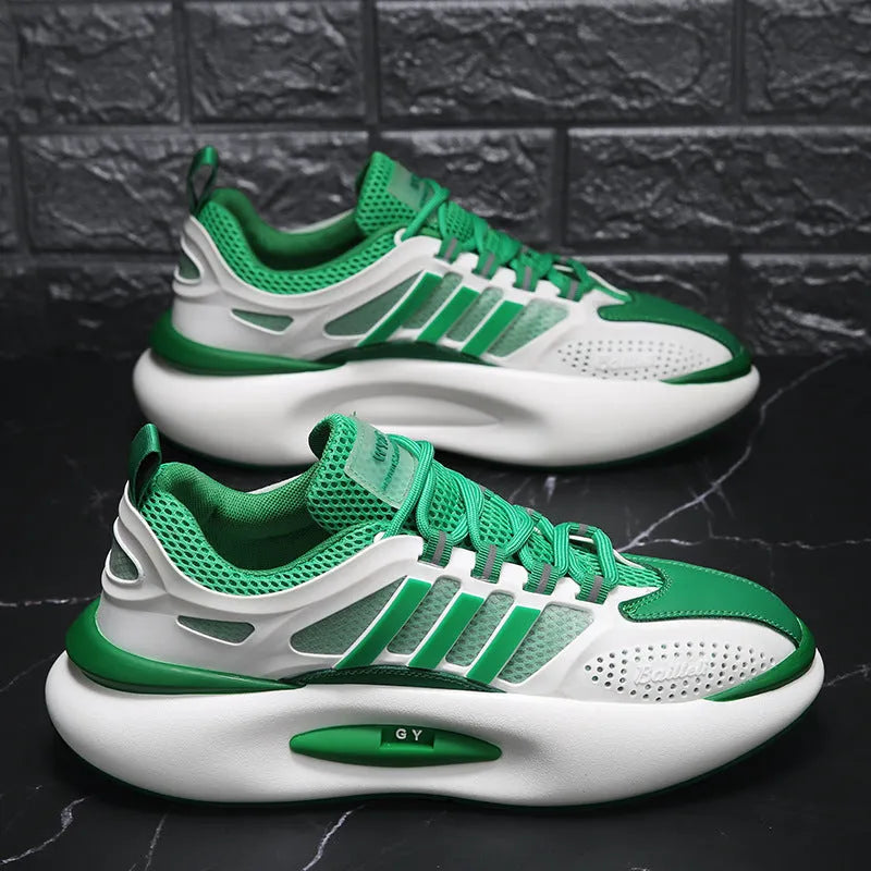 Men's mesh breathable running sneakers in white and green with rubber sole and lace-up closure