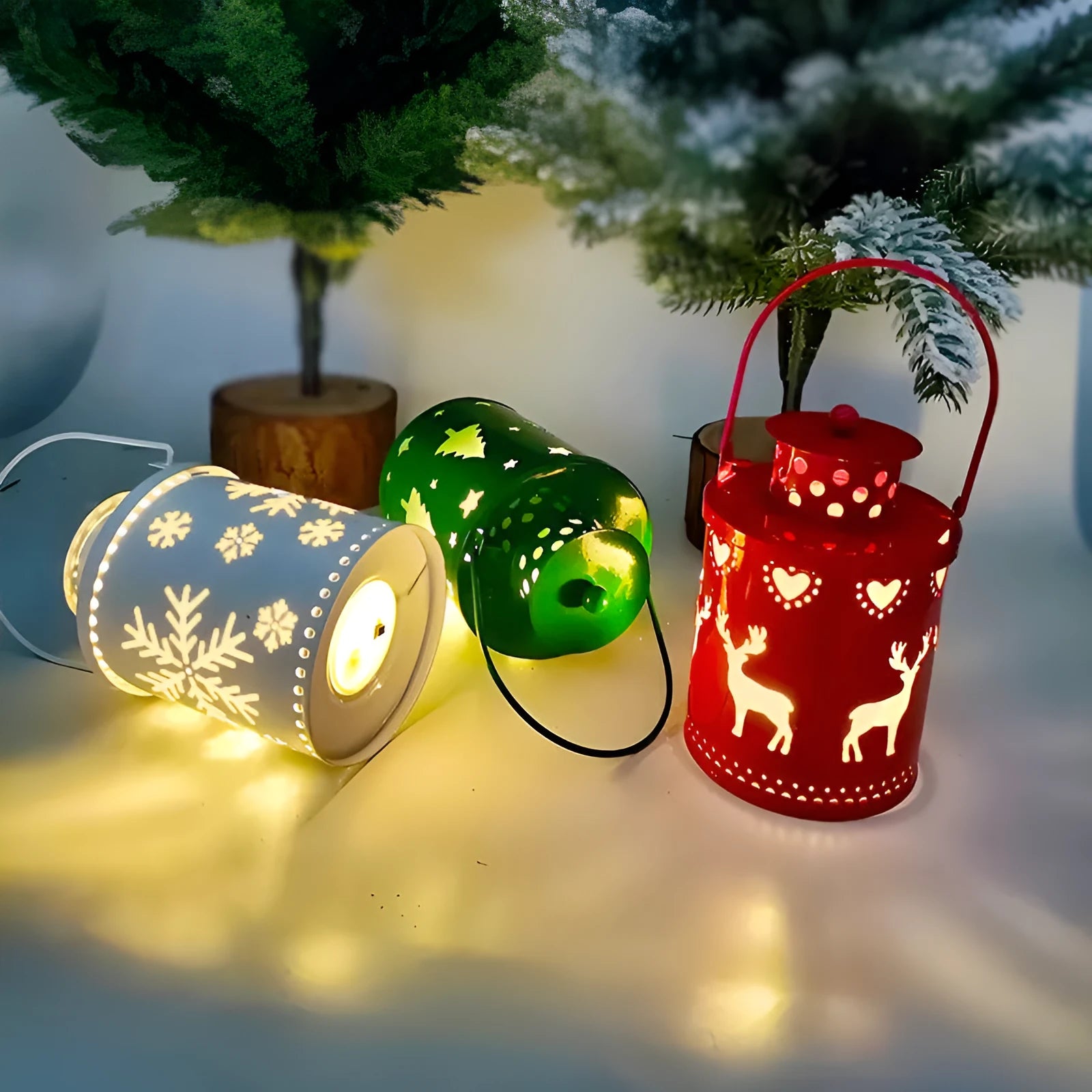 Wrought iron LED Christmas candle lantern with flickering lights in green, white, or red colour options