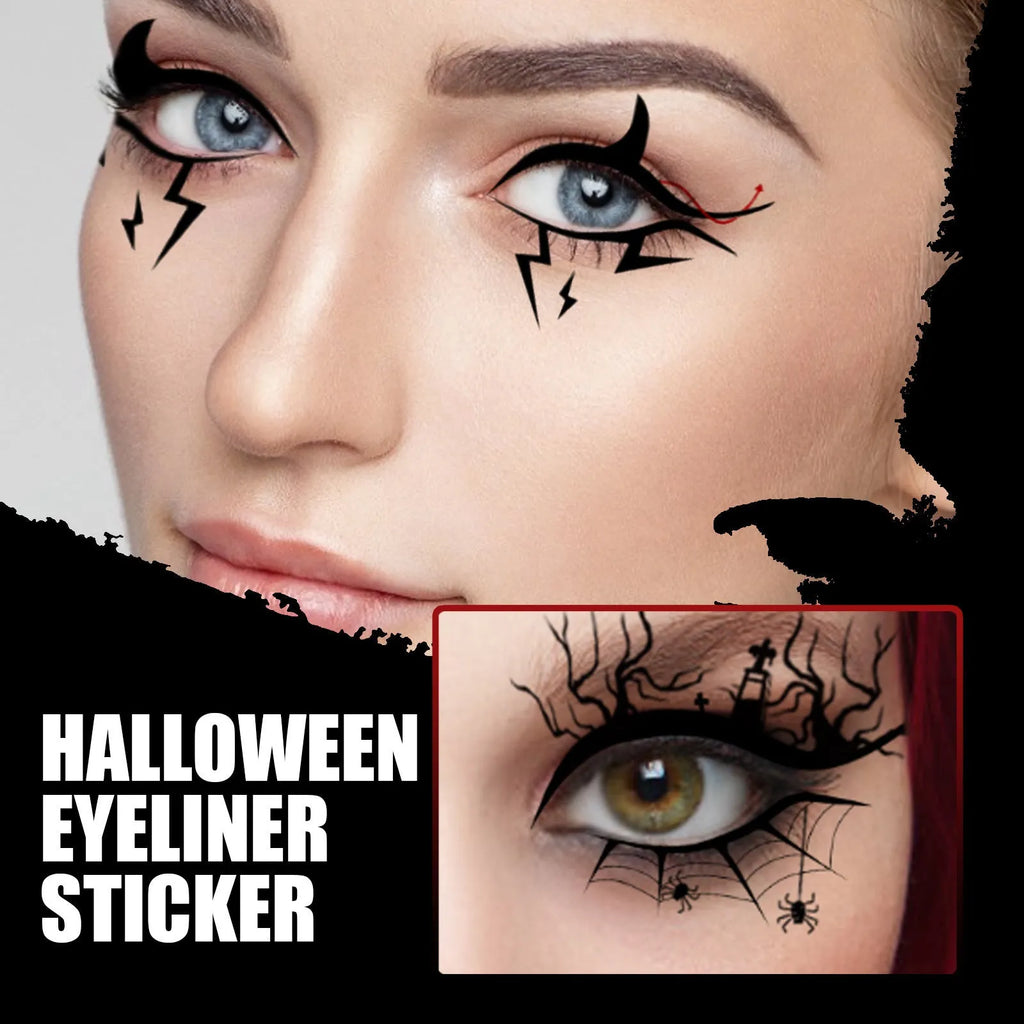 Set of eight pairs of bat and spider decorative eyeliner stickers for makeup application