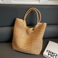 Women's large capacity straw bag in beige with double shoulder straps, 41cm wide 39cm high 12cm thick