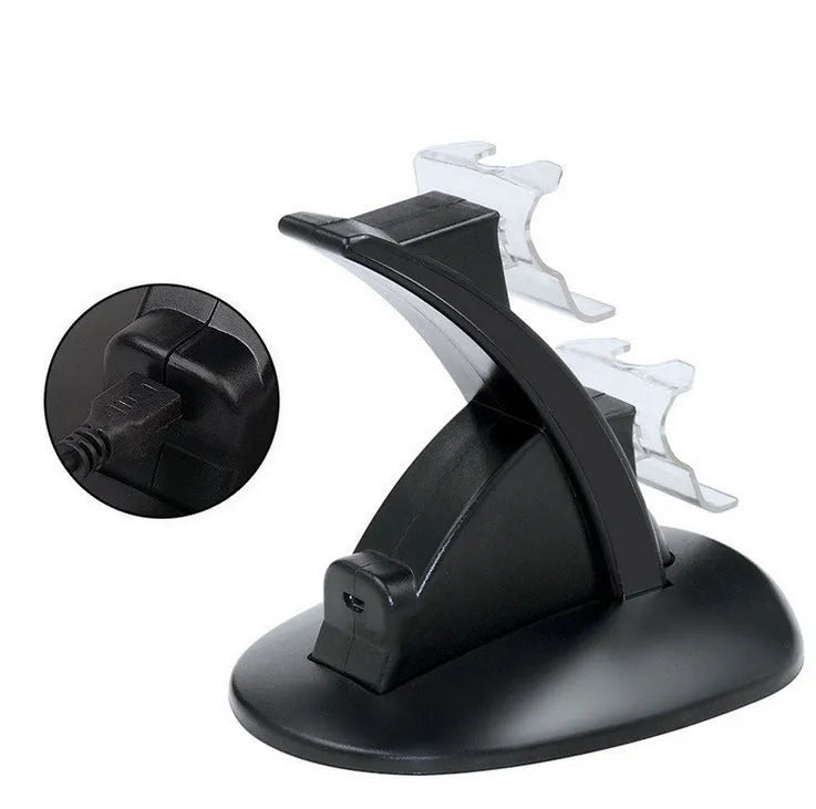Black plastic dual Xbox One controller charger dock with two controllers, blue indicator light, 150x110x155mm