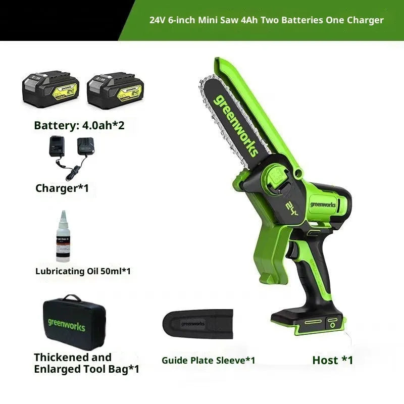 6-inch cordless electric chainsaw with 24V lithium battery, 400W motor, and two batteries