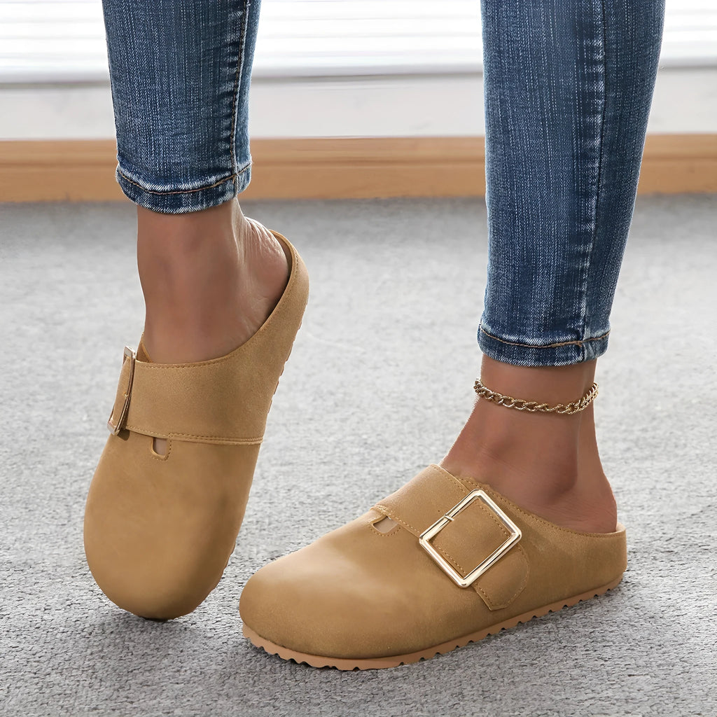 Women's brown canvas closed toe slippers with low top design