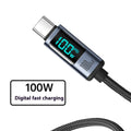 Black PD20 66W fast charge data cable with braided nylon exterior and digital display showing charging status