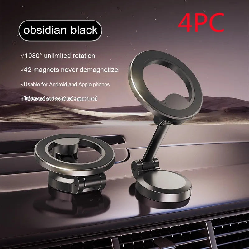 All-metal magnetic car phone mount with foldable design on dashboard holding mobile phone