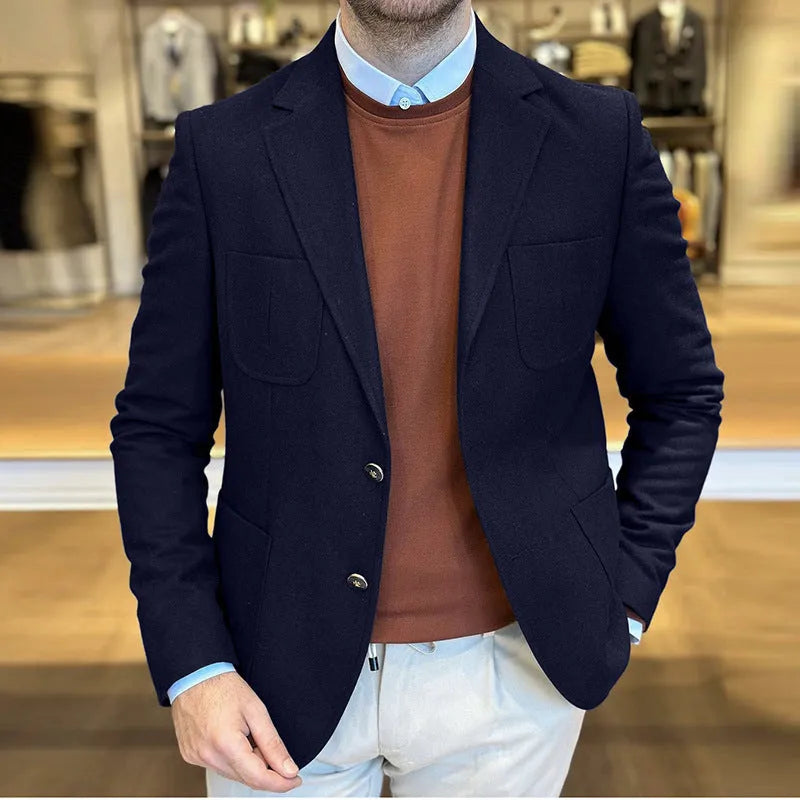 Men's loose fit cotton suit jacket in army green colour with retro styling details