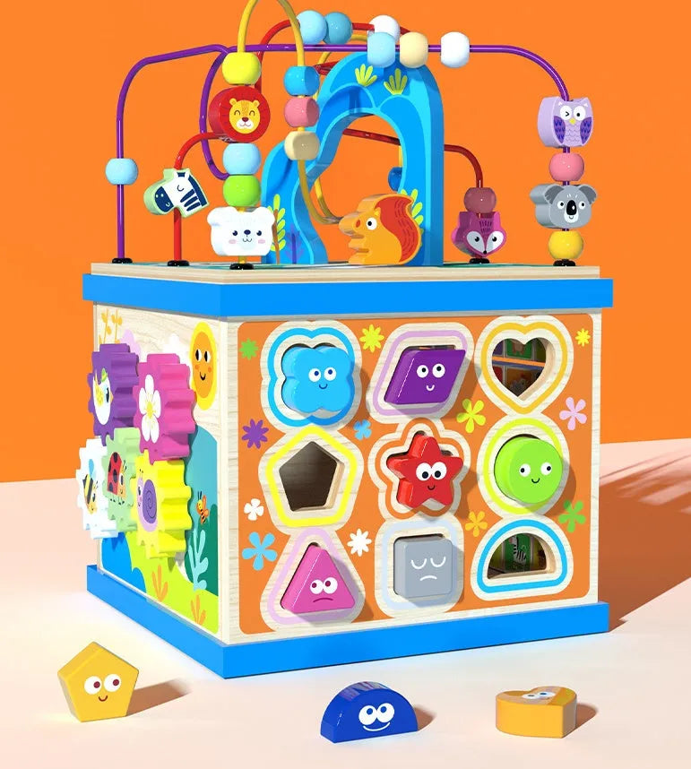 Blue wooden bead maze activity cube with multiple play scenes for toddlers