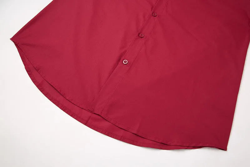 Teenage men's red stand-up collar casual shirt with traditional Chinese style mandarin collar