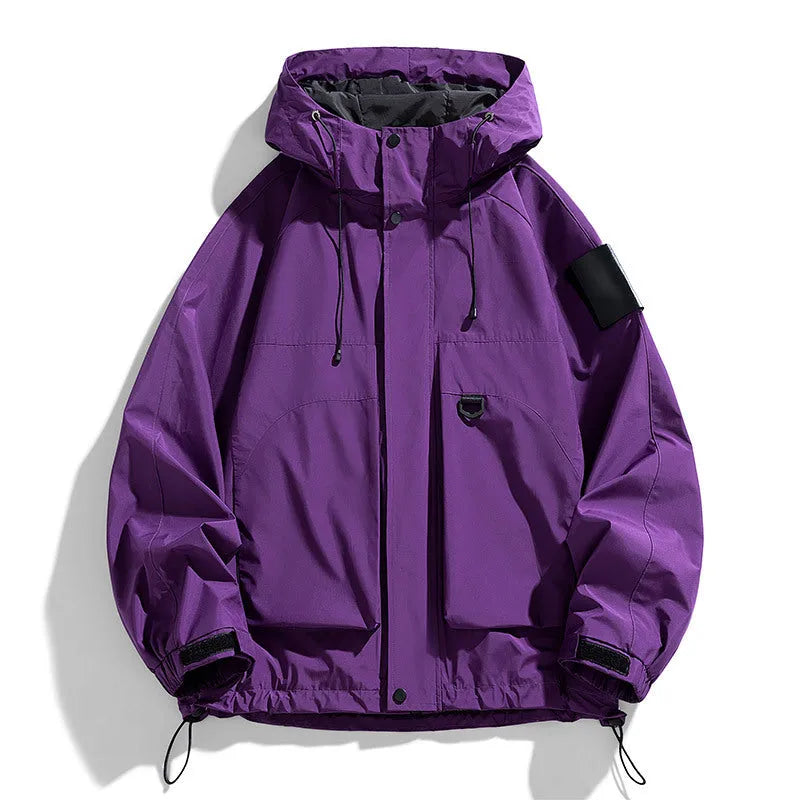 Men's waterproof windproof hooded jacket in polyester chemical fibre blend fabric
